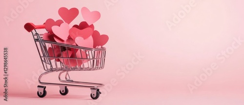 Shopping Cart Filled with Pink and Red Paper Hearts on Pink Background