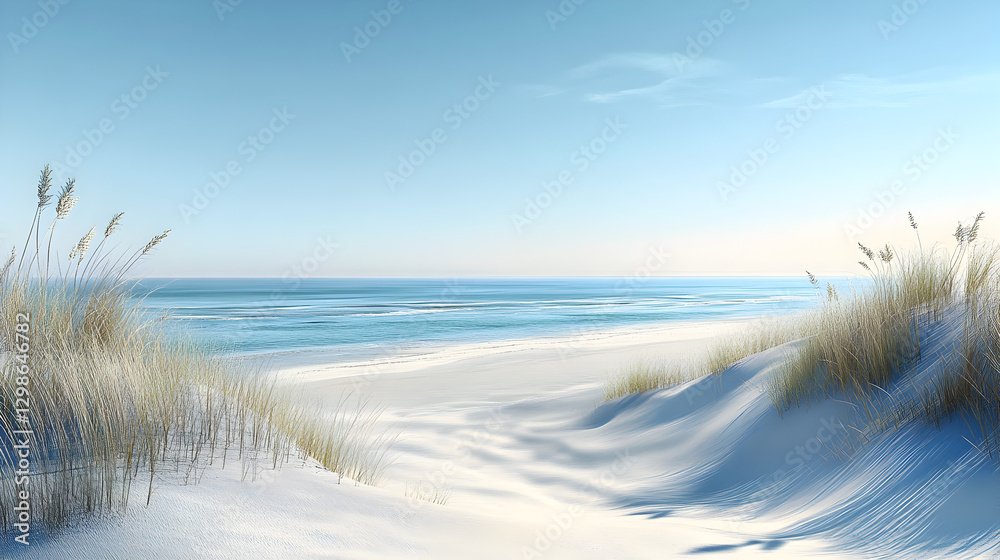 beach scene with sweeping sand dunes, gentle waves, and a bright, sunlit sky, showcasing a peaceful, undisturbed coastal landscape beach scene with sweeping sand dunes, gentle waves, and a bright, sunlit sky, showcasing a peaceful, undisturbed coastal landscape