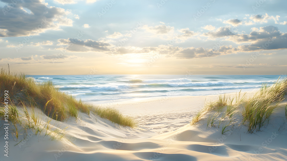 beach scene with sweeping sand dunes, gentle waves, and a bright, sunlit sky, showcasing a peaceful, undisturbed coastal landscape beach scene with sweeping sand dunes, gentle waves, and a bright, sunlit sky, showcasing a peaceful, undisturbed coastal landscape