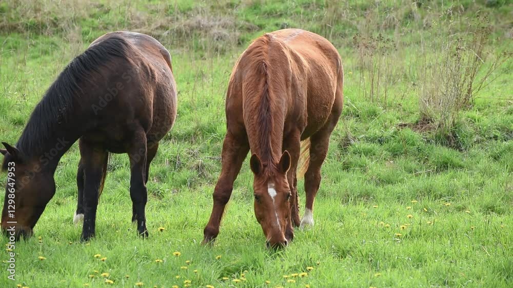 Brown horses grazing in a meadow on a pasture in the rural countryside Brown horses grazing in a meadow on a pasture in the rural countryside