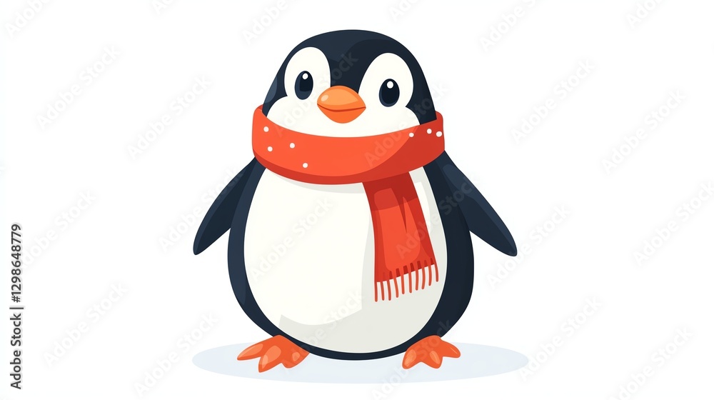 Obraz premium A cute cartoon penguin wearing a red scarf, standing on a white background, exuding a cheerful winter vibe.