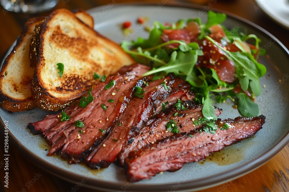 Delicious Brisket Slices with Toasted Bread and Arugula Salad Delicious Brisket Slices with Toasted Bread and Arugula Salad