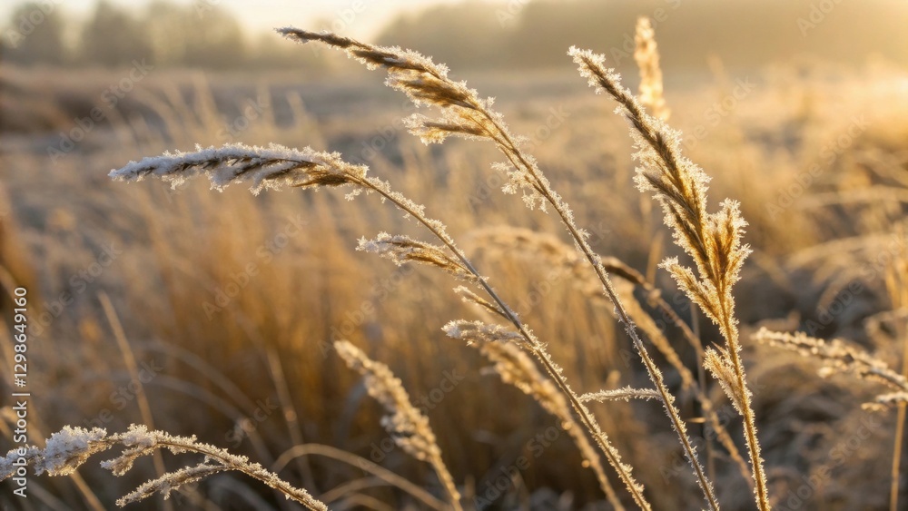 Fototapeta premium Frosted Prairie. Frosted prairie scene featuring glowing frost on tall grass captured in macro detail, highlighting frozen flowers and plants. Frozen flowers plants.