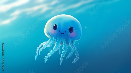 A cheerful, cartoonish jellyfish swims gracefully in a vibrant blue ocean, exuding a playful and friendly aura.