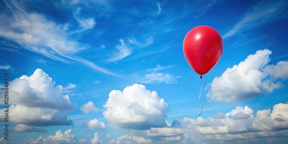 Fototapeta premium A single red balloon floats gently in the sky against a clear blue background with a few white puffy clouds , beauty