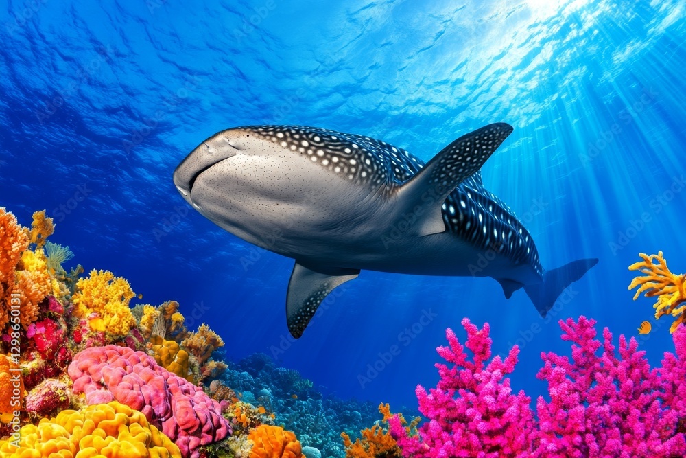 Naklejka premium A whale shark peacefully swimming past a coral reef, its massive silhouette contrasting with the vibrant colors