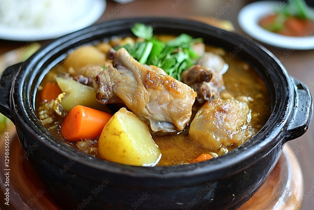Delicious Chicken Stew in Clay Pot with Potatoes and Carrots Delicious Chicken Stew in Clay Pot with Potatoes and Carrots