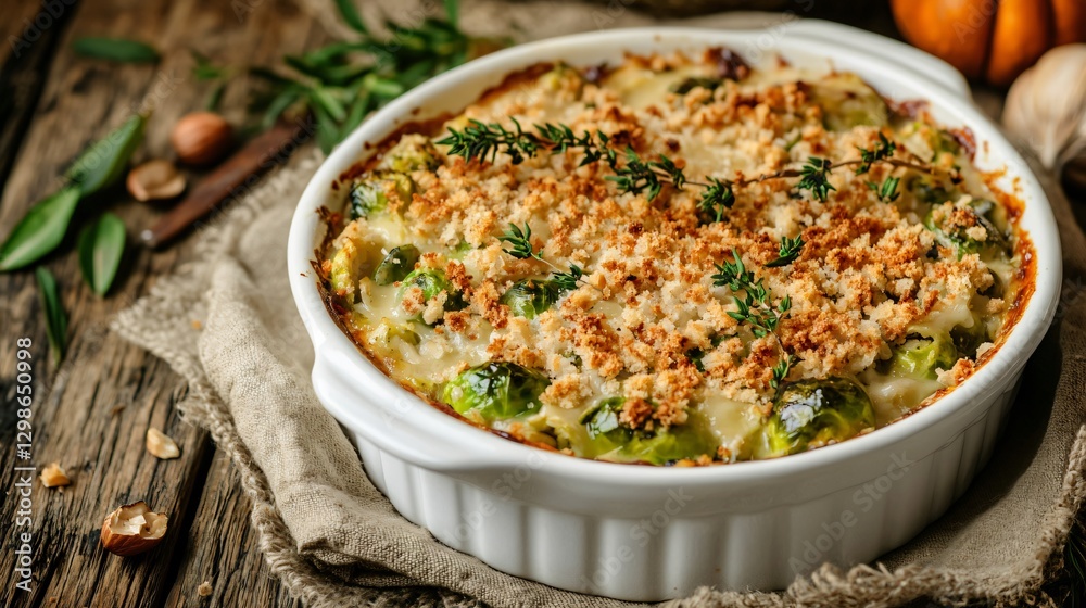 Thanksgiving-inspired Brussels sprouts gratin with creamy Gruyère sauce, crispy breadcrumbs, and roasted hazelnuts, plated in an elegant white ceramic dish, warm rustic background