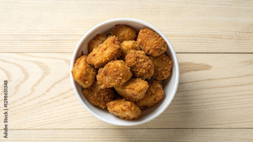 Crispy, golden panko-breaded chicken bites nestled in a white bowl, centered on a light wooden tabletop. Captured from a top-down, flat-lay perspective with soft shadows and natural textures. Crispy, golden panko-breaded chicken bites nestled in a white bowl, centered on a light wooden tabletop. Captured from a top-down, flat-lay perspective with soft shadows and natural textures.