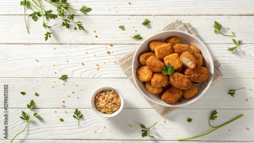 Crispy golden panko breaded chicken bites in a white bowl centered on a light wooden table top view flat lay with soft shadows and textures