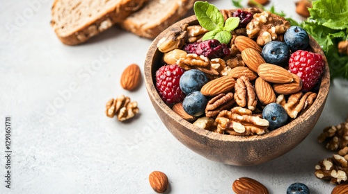 Fresh and Vibrant Healthy Food Assortment Mixed Nuts Berries Greens and Whole Grain Bread