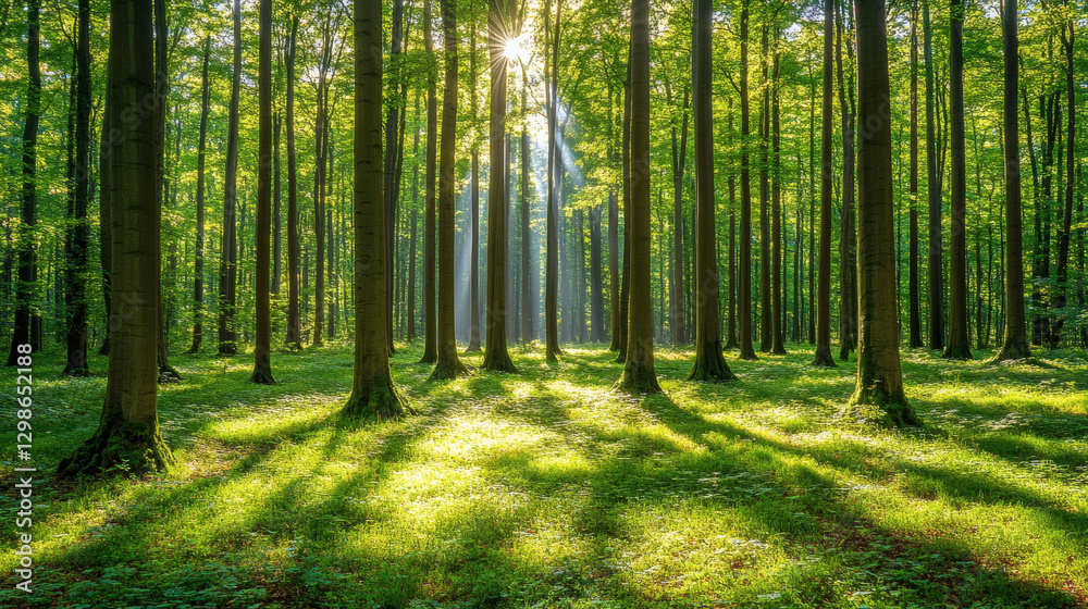 Obraz premium Sunlight Through Lush Green Forest