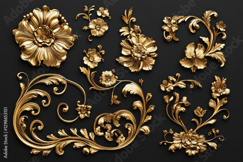 Ornament elements, vintage gold floral designs