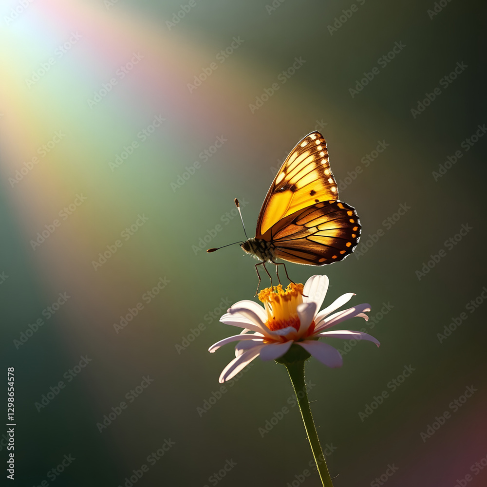 Obraz premium Close-up of a butterfly perched on a flower with soft light and rainbow effect in the background