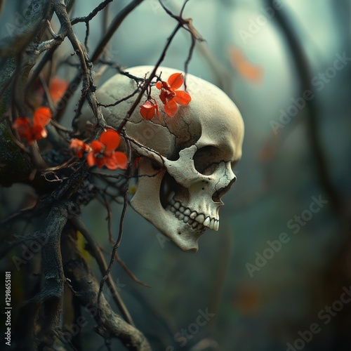Skull with red flowers in the woods
