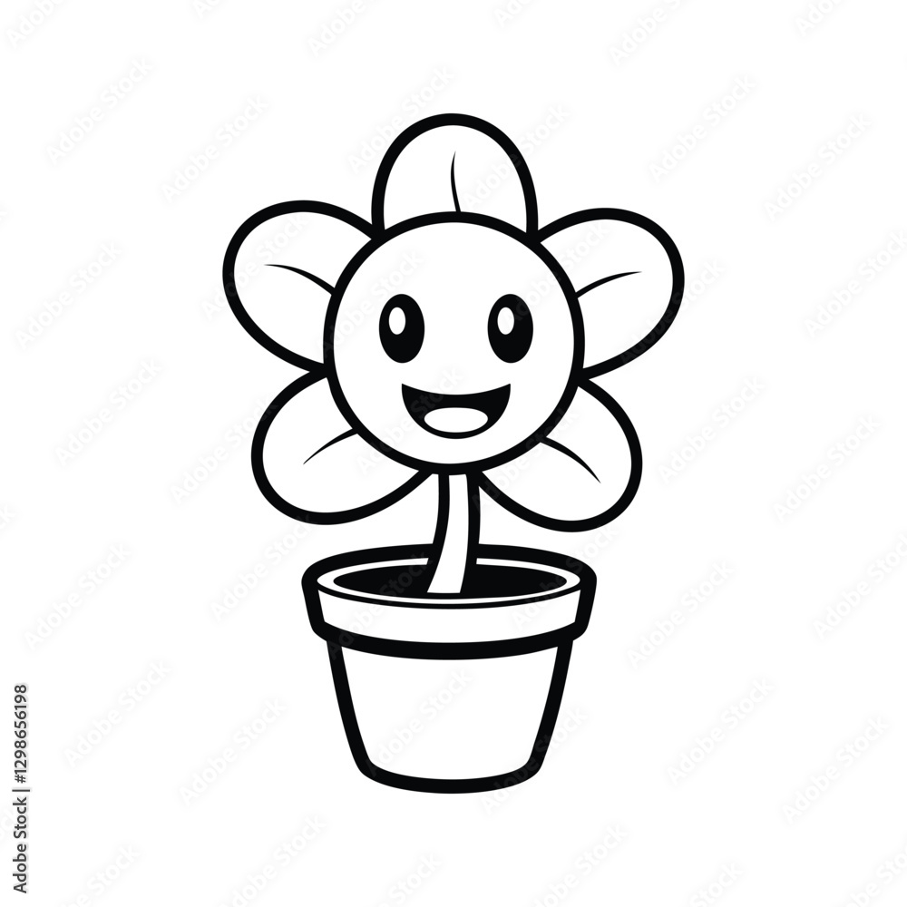 Fototapeta premium Cute Cartoon Flower Black and White Coloring Page bee and flower 