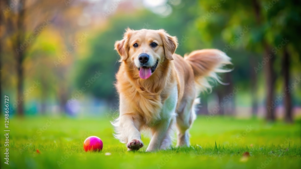 A energetic golden retriever intensely focuses on a brightly colored ball as it rolls across the grass in a lively dog park setting, happy dog, dog park A energetic golden retriever intensely focuses on a brightly colored ball as it rolls across the grass in a lively dog park setting, happy dog, dog park