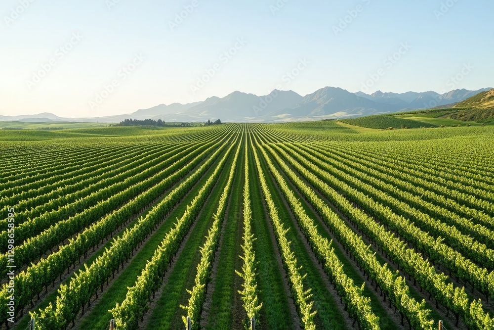 Lush green vineyard rows stretch towards distant mountains under Lush green vineyard rows stretch towards distant mountains under