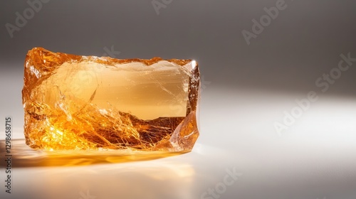 A polished amber piece glistening on a smooth surface, highlighting its rich golden hues and intricate internal patterns that captivate the viewer's attention. photo