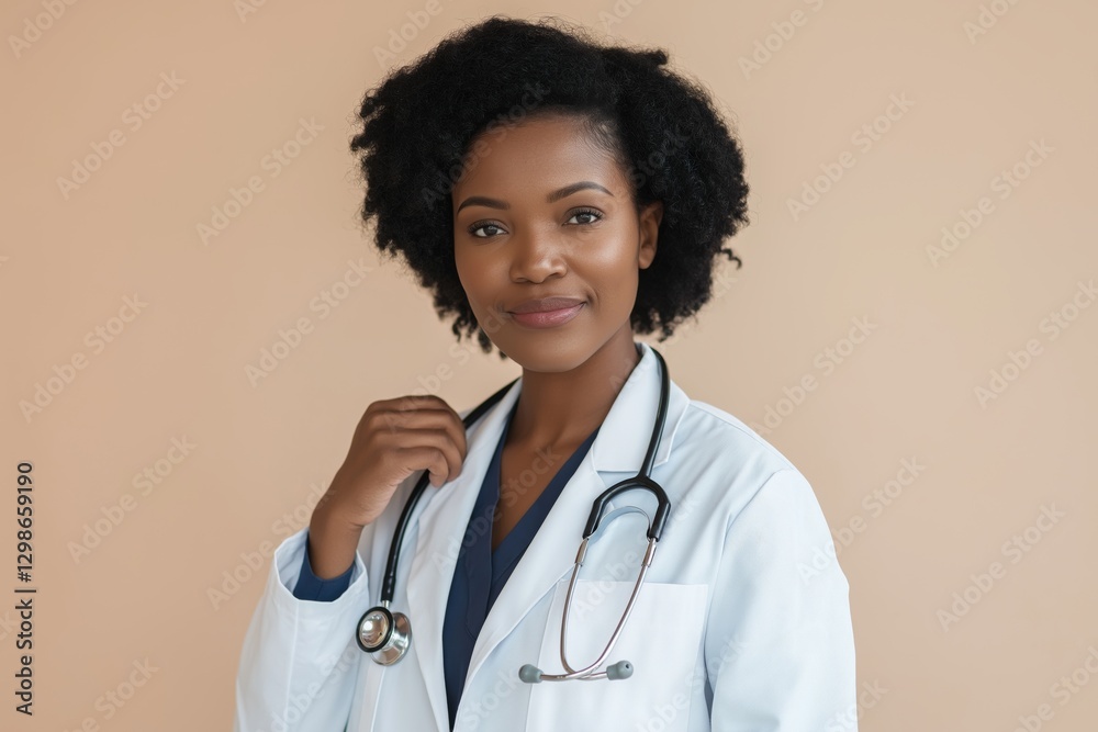 An African-American female doctor in a professional white coat and a stethoscope on a soft beige studio background.
