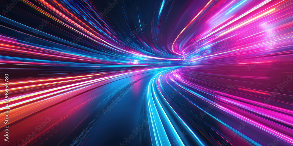 Abstract futuristic speed effect with glowing streaks of red, blue, and purple