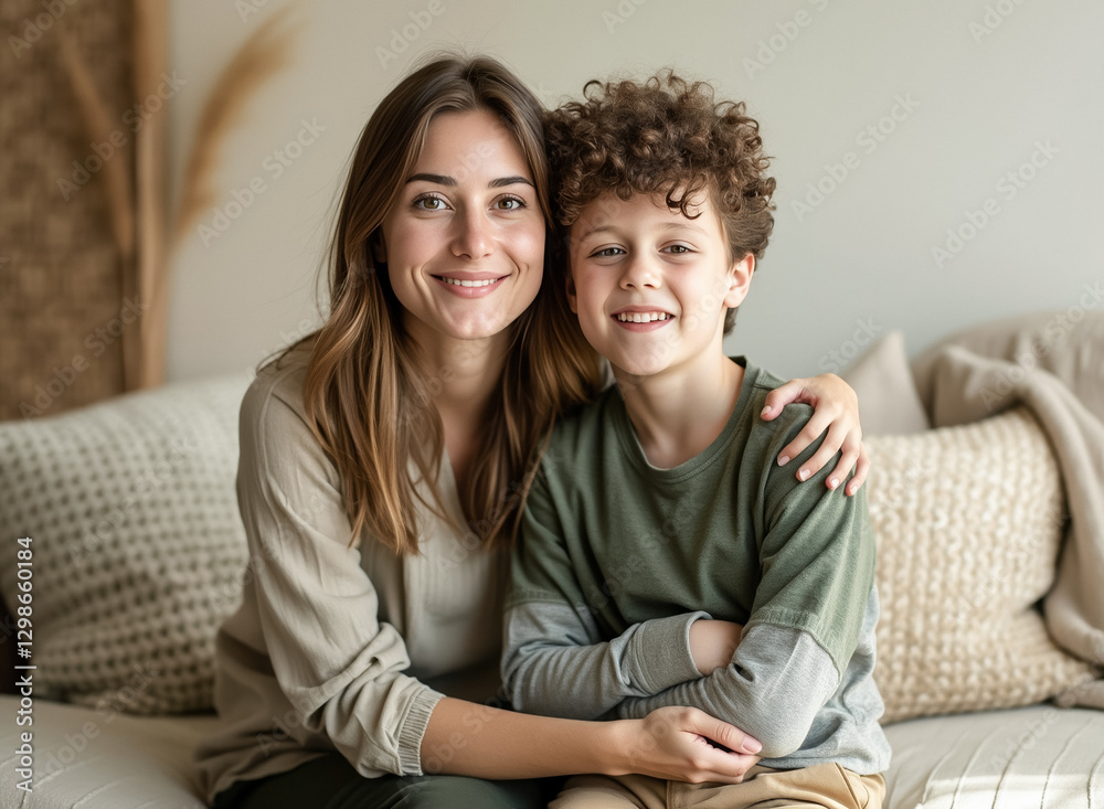 smiling woman and boy embracing on couch showcasing family warmth and affection smiling woman and boy embracing on couch showcasing family warmth and affection