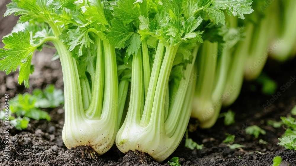 Celery Growing. Root Crop Plant in Garden Soil Row Celery Growing. Root Crop Plant in Garden Soil Row