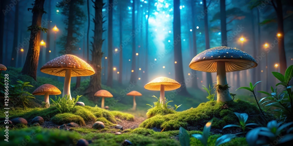 Fototapeta premium Mysterious Forest at Night with Glowing Mushrooms, natural surroundings