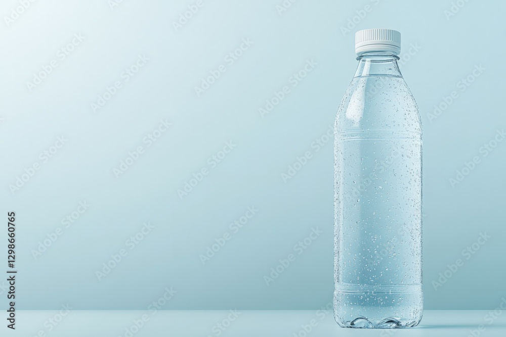Clear water bottle stands against soft, minimalist backdrop, emp Clear water bottle stands against soft, minimalist backdrop, emp