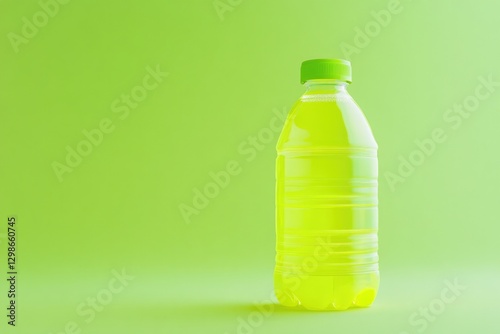 Bright yellow beverage bottle stands out against vibrant green b