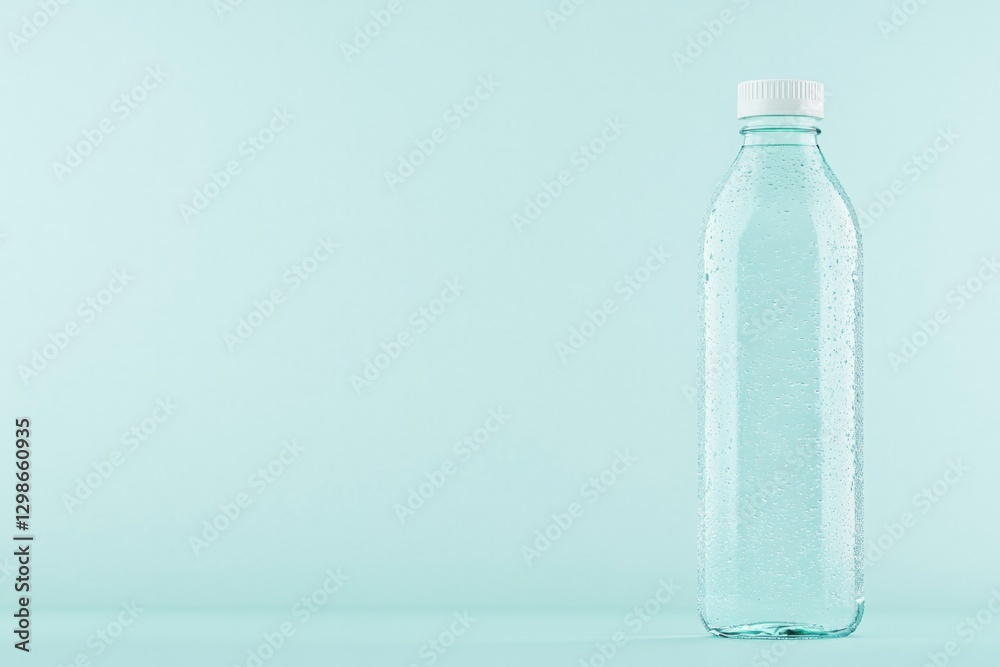 Clear bottle stands against soft mint background, emphasizing pu Clear bottle stands against soft mint background, emphasizing pu