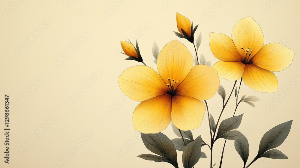 Obraz premium A minimalistic vector design of very light yellow winter jasmine, drawn with simple single-line art on a white background, highlighting its delicate beauty.