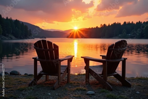 Rustic wooden chairs on tranquil lake, sunset reflection, water, dock, golden hour