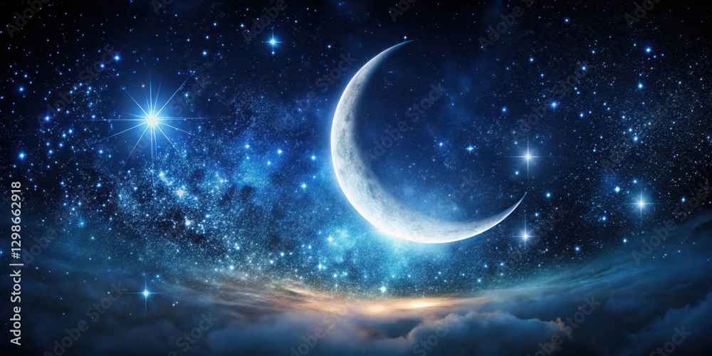 Fototapeta premium Ethereal lunar glow illuminates a velvety black night sky with a crescent moon and myriad twinkling stars, evoking an otherworldly atmosphere , mystical night sky, starry sky
