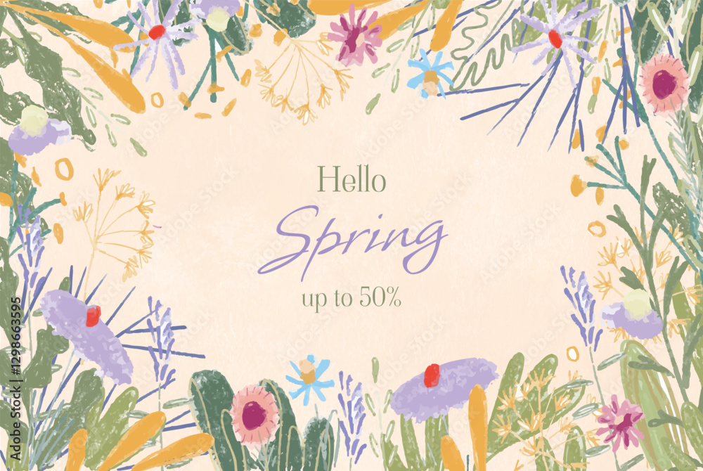 Trendy abstract background with a hand-drawn floral pattern of wildflowers, daisies, and tulips in pastel colors, designed for spring and summer web banners, greeting cards, seasonal ads, and prints.