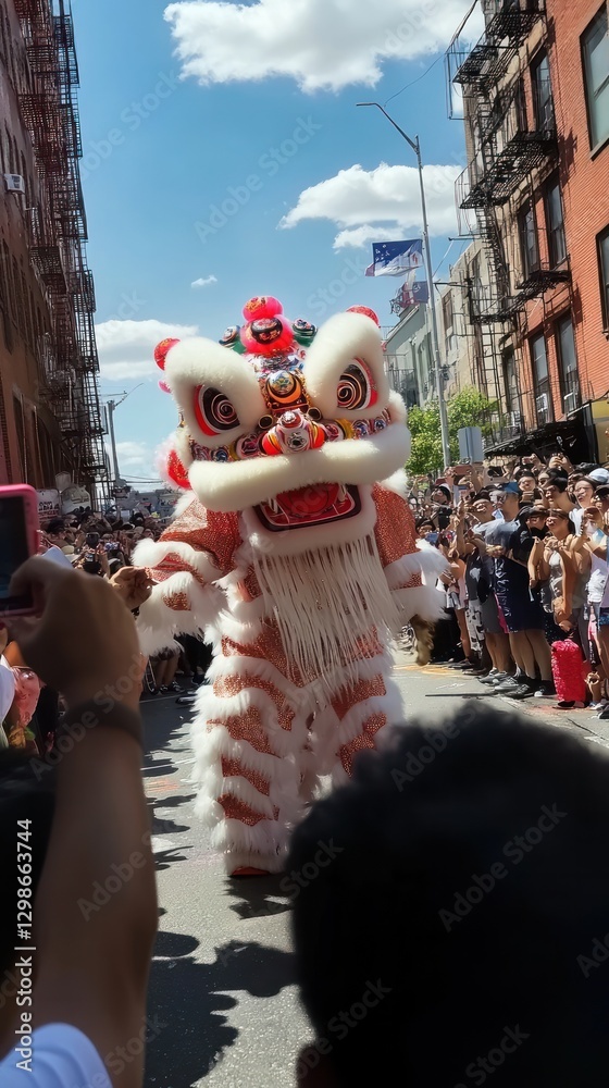 Lion dancers perform energetically as the crowd cheers in a New Year event. Vertical.