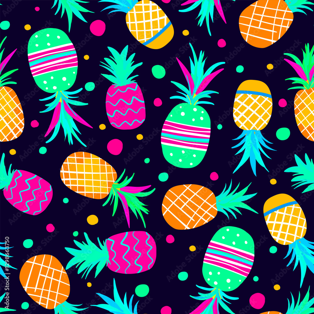 bright seamless pattern multicolored pink yellow turquoise neon painted pineapples with colored polka dots, confetti, for web design decorations textile dark background