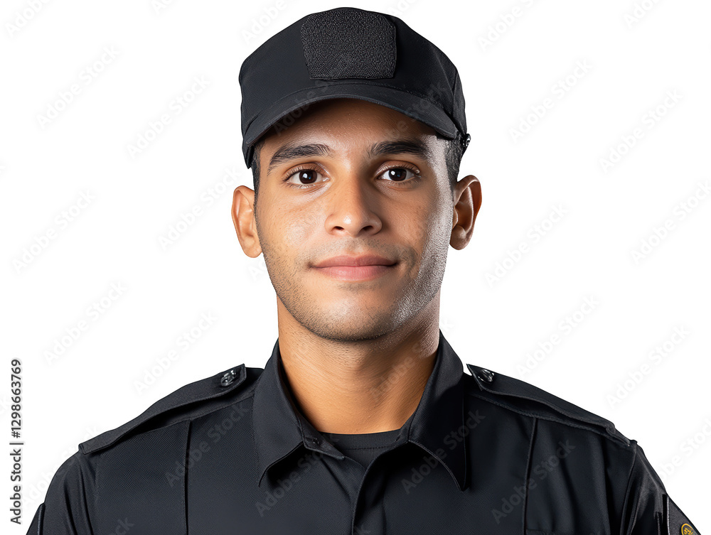 A young man in a black uniform and cap, presenting a calm expression, embodying a sense of authority and professionalism. A young man in a black uniform and cap, presenting a calm expression, embodying a sense of authority and professionalism.