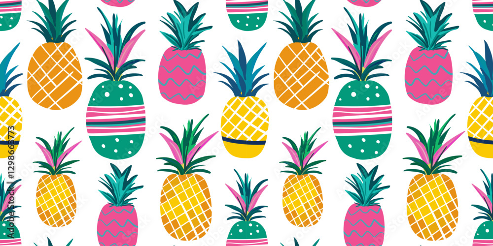 seamless pattern multicolored pink yellow turquoise neon painted pineapples for web design decorations textiles white isolated background