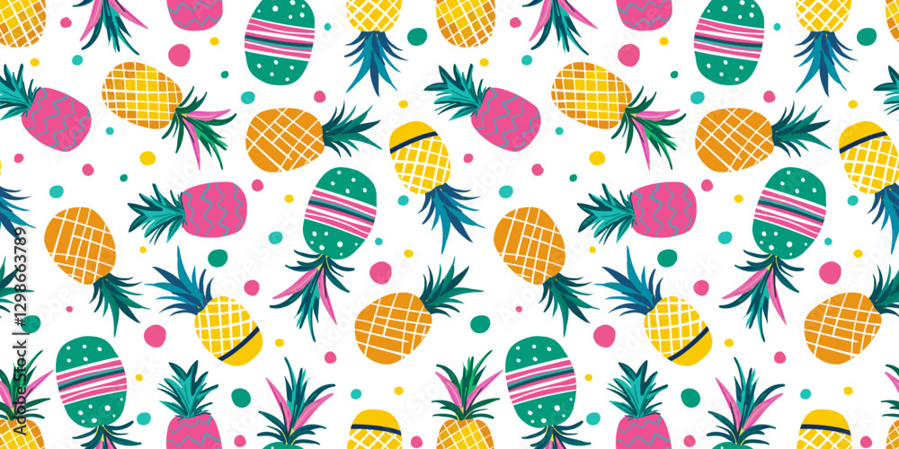 bright seamless pattern multicolored pink yellow turquoise neon painted pineapples with colored polka dots, confetti, for web design decorations textile white isolated background
