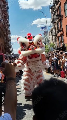 Obraz na płótnie Lion dancers perform energetically as the crowd cheers in a New Year event. Vertical. w salonie