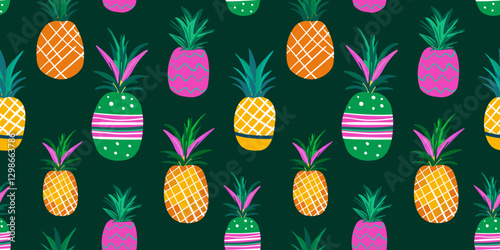 modern seamless pattern multicolored doodle-style painted pineapples for web design decoration textile isolated dark green emerald background tropical summer