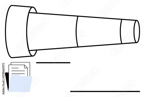 Telescope pointing ahead paired with a folder holding papers, symbolizing exploration, research, planning, vision, focus, innovation, and information organization. Ideal for abstract line flat