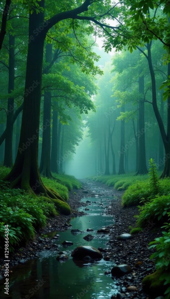 Obraz premium Torrential rain lashes Osaka forest; trees drenched, paths flooded, vibrant, monsoon, downpour