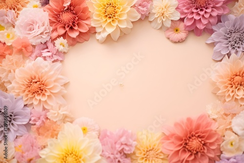 Wallpaper Mural Pastel dahlia flower frame on peach background with copy space. Floral border for wedding, Mother's Day, or spring celebration. Romantic feminine composition. Torontodigital.ca
