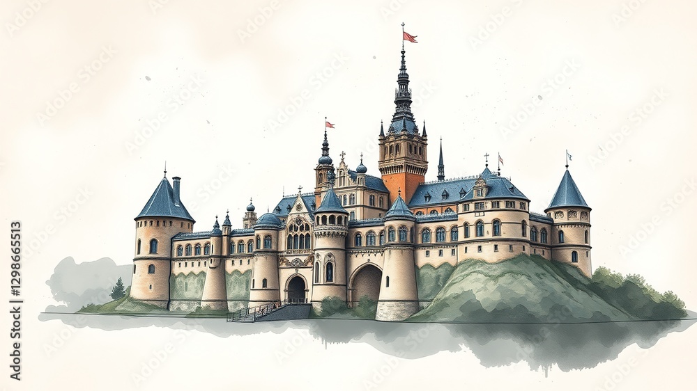 Fototapeta premium Abstract Rosenborg Castle Watercolor, Boho Ink Art Design