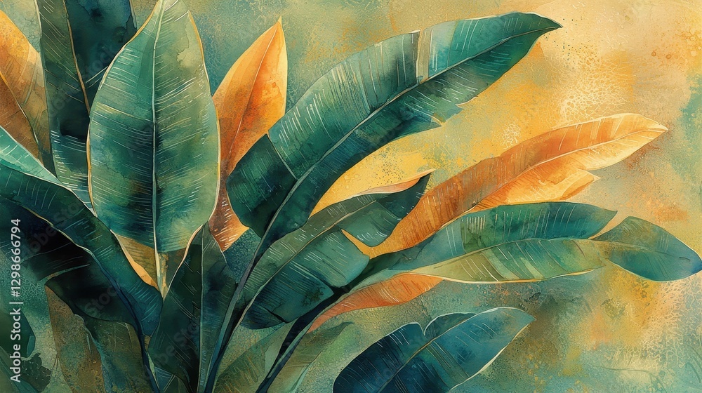 custom made wallpaper toronto digitalColorful botanical illustration featuring lush green and golden leaves.