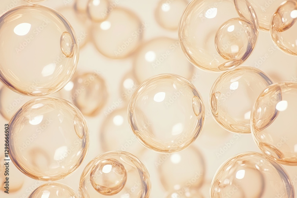 Fototapeta premium Transparent glass spheres floating on a light beige background: an abstract representation of bubbles