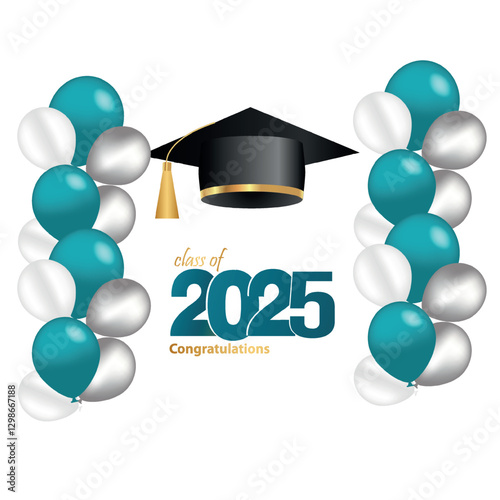 Congratulations on your graduation from school. Class of 2025. Graduation cap, confetti and balloons. Congratulatory banner. Academy of Education School of Learning	