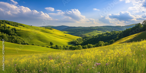 Lush green hillsides and valleys beneath a bright sky filled with fluffy clouds.